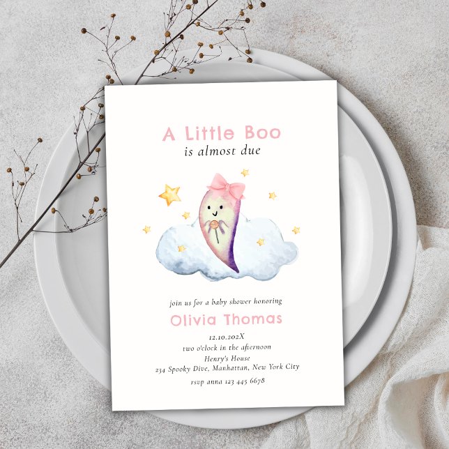 Convite Arco Rosa Pequeno  Fantasma Chá de fraldas Hallowe (Pink Little Boo Bow Ghost Halloween Baby Shower Invitation)