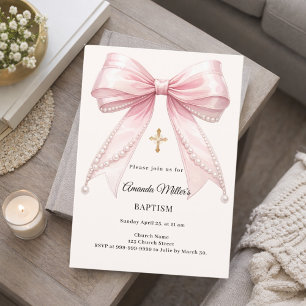 Convite Arco Rosa Pérolas Creme Menina Batismo Elegante
