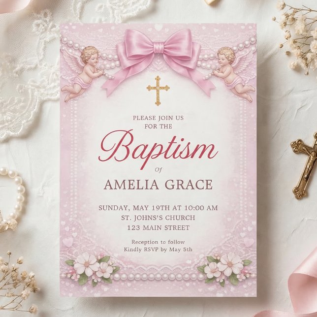 Convite Arco Rosa Querubim Batismo Quadro Floral (Pink baptism invitation with cherubs, bow, pearls and floral lace details)