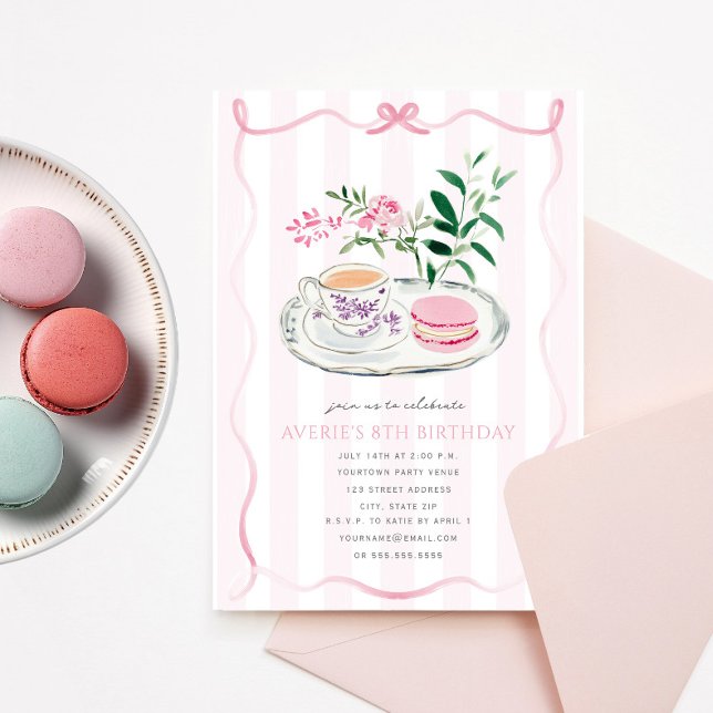 Convite Arco rosa rico Macaron Tea Party Coquette Aniversá (Criador carregado)
