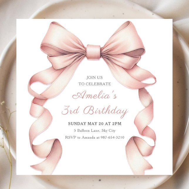 Convite Arco rosa-rosa-rosado, coquetel feminino, aniversá (Celebrate your little one's big day with this adorable, chic, coquette pink bow birthday invitation.)