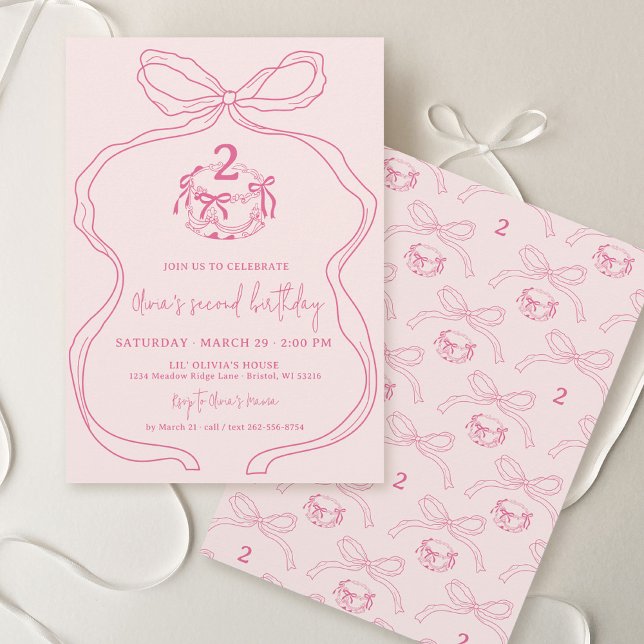 Convite Arco Rosa-Rosa-segundo aniversário Desenhado à Mão (Cute modern quirky whimsical hand drawn coquette pink bow cake girly girl kids birthday party invite)