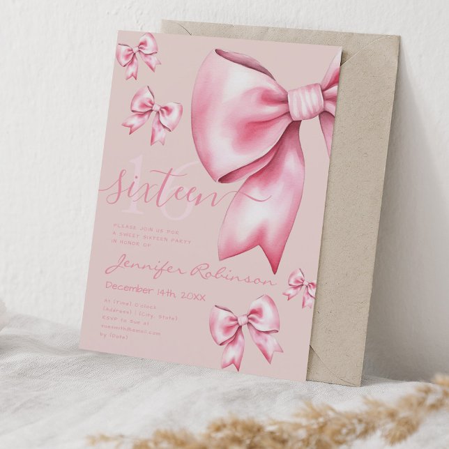 Convite Arco rosa-rosado coquetelado-branco doce Rosa 16 p (Cute Coquette Blush Pink Bow Sweet 16 Pale Rose Invitation)