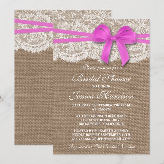 Convite Arco Rosa Russo, Chá de panela Burlap & Lace (Frente/Verso)