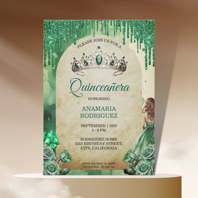 Convite Arco Rosa Rustic Emerald Green Tiara Quinceañera (rustic emerald green tiara)