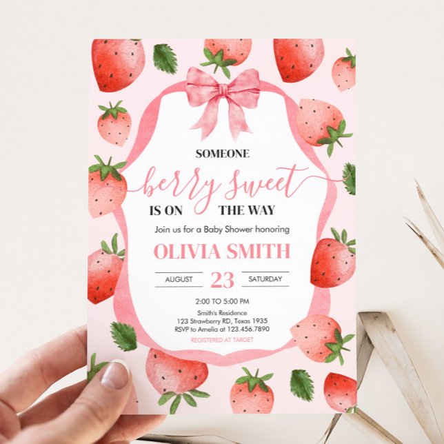 Convite Arco rosa Strawberry Berry Sweet Chá de fraldas (Pink Coquette Strawberry Berry Sweet Birthday Party Invitation)