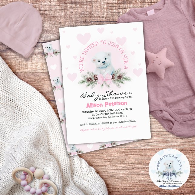 Convite Arco rosa Ursinho Cinza Chá de fraldas de inverno (Cute baby girl baby shower invitation for winter)