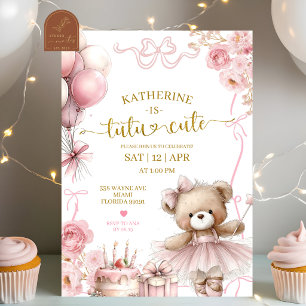 Convite Arco Rosa Urso Coquette Tutu Festa de Aniversário 