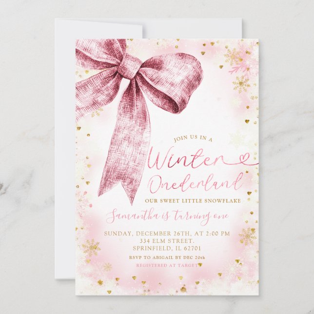 Convite Arco Rosa Winter Onederland Snowflake Aniversário (Frente)
