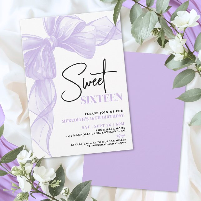 Convite Arco Roxo Aniversário de 16 Anos (Purple Bow Sweet Sixteen 16th Birthday Invitation )