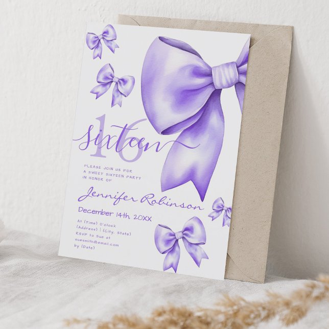 Convite Arco roxo, coquete, doce 16 (Cute Coquette Purple Bow Sweet 16 Invitation)