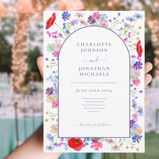Convite Arco Roxo de Flor Silvestre Moderna (Modern colorful wildflower arch wedding invitation elegant purple typography watercolor floral)