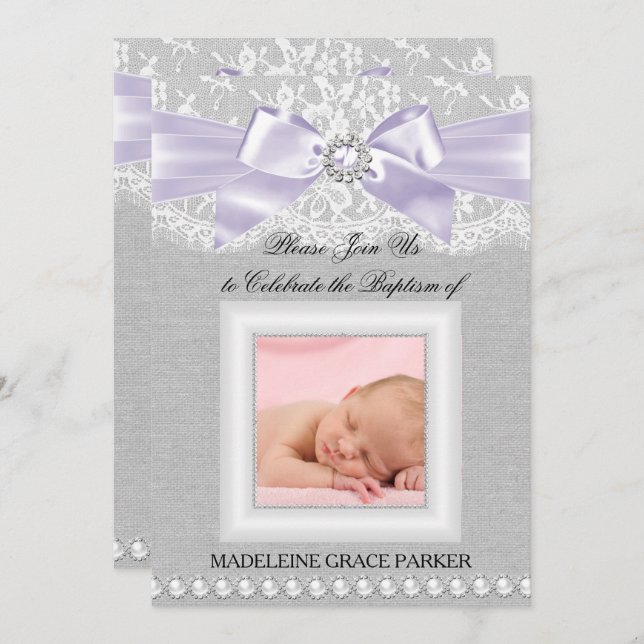 Convite Arco Roxo e Lace Fotografia Baptism/Christening Co (Frente/Verso)
