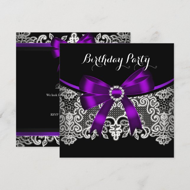 Convite Arco Roxo Elegante Renda Preta Aniversário Branco (Frente/Verso)