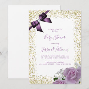 Convite Arco Roxo & Rosas, Dourado Brilho Festa de Baby Sh