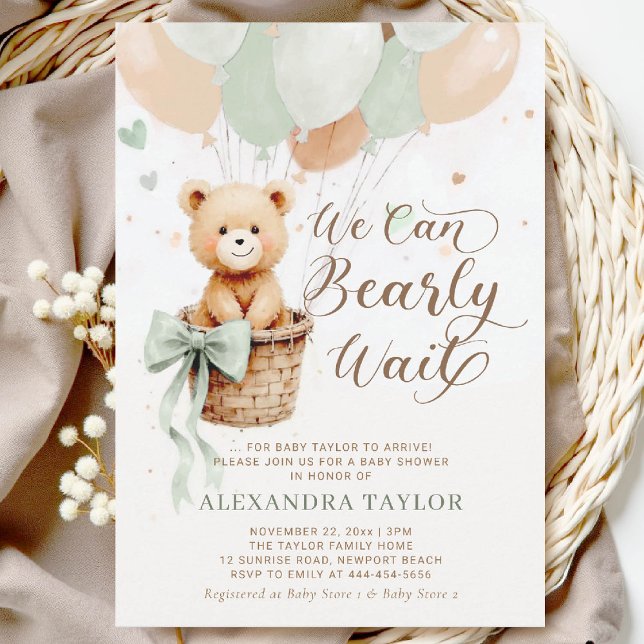 Convite Arco Sage Tan Chic Chá de fraldas Balões de Espera (bearly wait baby shower invitation sage green hot air balloons bow calligraphy watercolor)