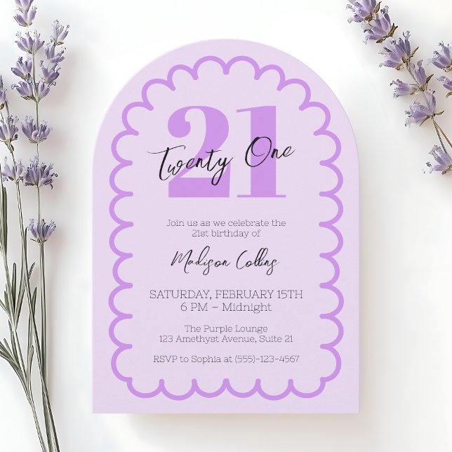 Convite Arco Simples Ondulado para Festa de Aniversário Ro (Girly Purple 21st Simple Wavy Birthday Party Arch Invitation)