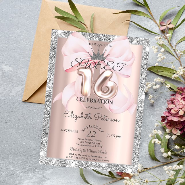 Convite Arco, Tiara, Rosa Dourado Brilho Prata Doce 16  (Criador carregado)