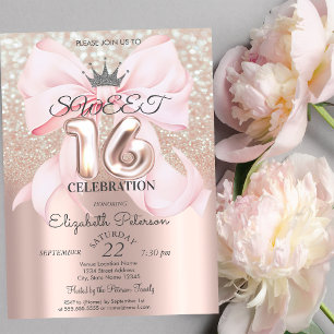 Convite Arco, Tiara, Rosa Dourado Sweet 16 Brilho Bokeh