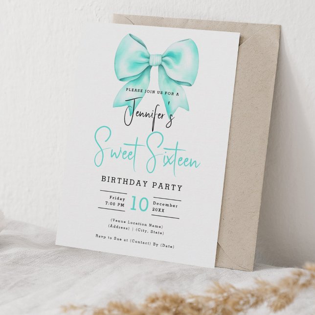 Convite Arco Turquoise Coquette Cute Script Sweet 16 (Turquoise Bow Coquette Cute Script Sweet 16 Invitation)
