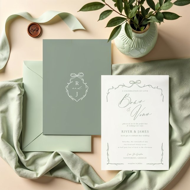 Convite Arco Verde Elegante e Casamento de Fita (Elegant Green Hand Drawn Bow & Ribbon Wedding Invitation)