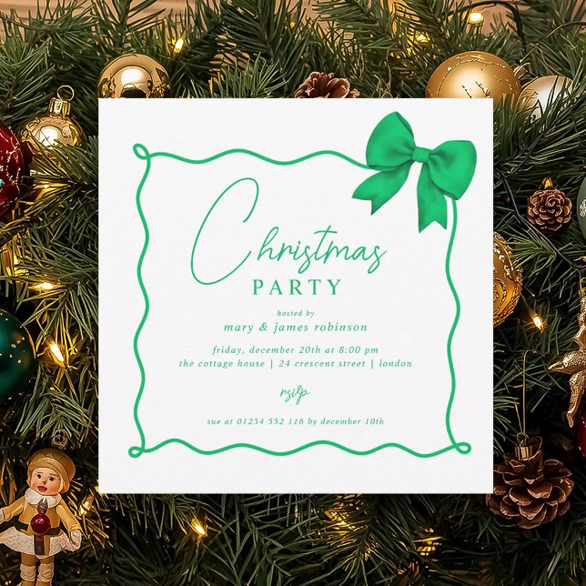Convite Arco Verde sobre Férias de Natal (Christmas Holiday Party Whimsical Green Bow Invitation)