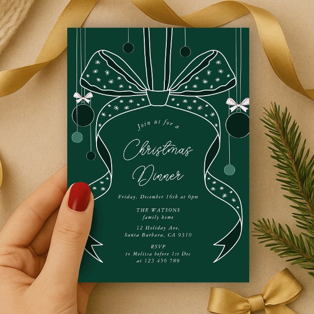 Convite Arco Verde Único e Fitas de Natal Legais (elegant bow and ribbon Christmas party invitation green and white)