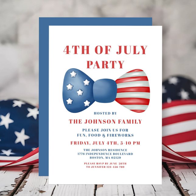 Convite Arco Vermelho, Branco E Azul 4 De Julho (Red, White And Blue Bow 4th Of July Invitation)
