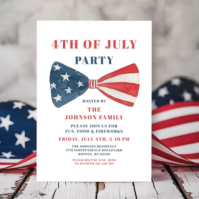 Convite Arco Vermelho, Branco E Azul 4 De Julho (Red, White And Blue Bow 4th Of July Invitation)