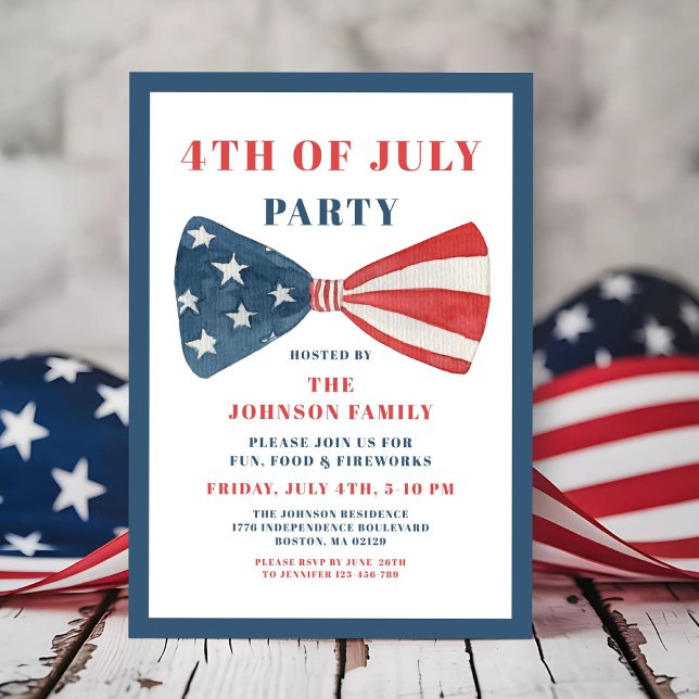 Convite Arco Vermelho, Branco E Azul 4 De Julho (Red, White And Blue Bow 4th Of July Invitation)