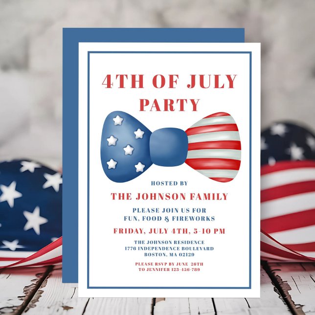Convite Arco Vermelho, Branco E Azul 4 De Julho (Red, White And Blue Bow 4th Of July Invitation)
