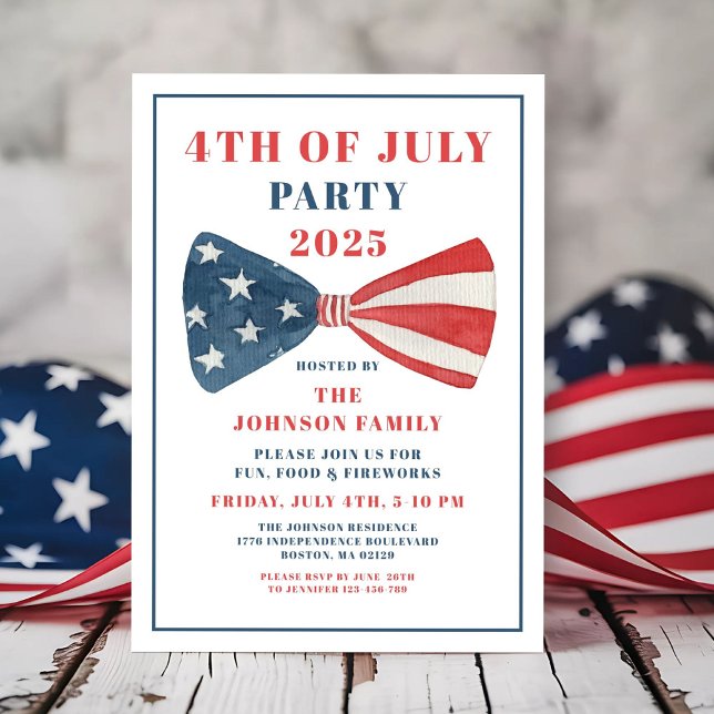 Convite Arco Vermelho, Branco E Azul 4 De Julho (Red, White And Blue Bow 4th Of July Invitation)