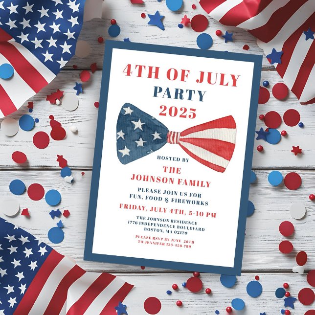 Convite Arco Vermelho, Branco E Azul 4 De Julho (Red, White And Blue Bow 4th Of July Invitation)