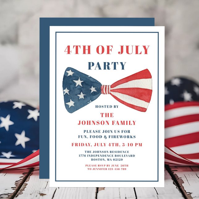 Convite Arco Vermelho, Branco E Azul 4 De Julho (Red, White And Blue Bow 4th Of July Invitation)