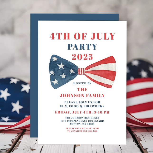 Convite Arco Vermelho, Branco E Azul 4 De Julho (Red, White And Blue Bow 4th Of July Invitation)