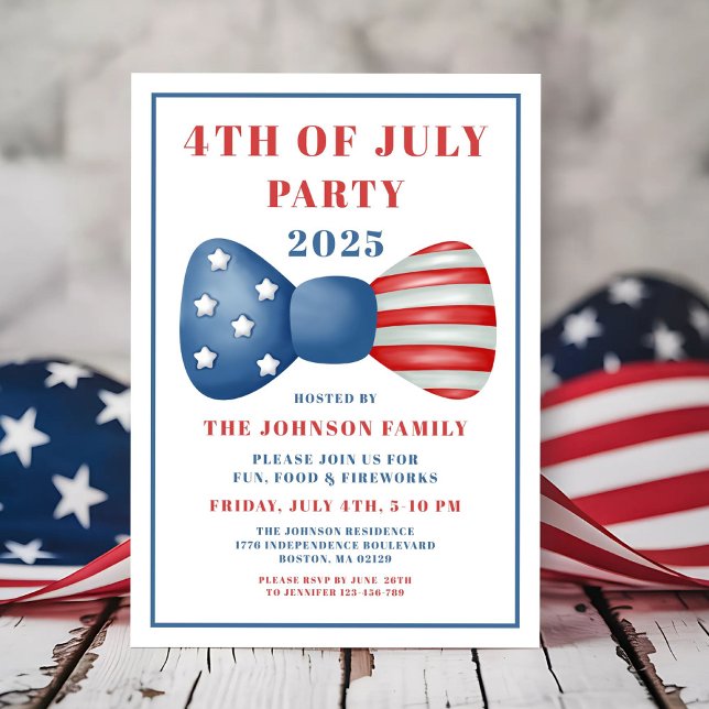 Convite Arco Vermelho, Branco E Azul, Canto 4 De Julho (Cute Red, White And Blue Bow 4th Of July Invitation)