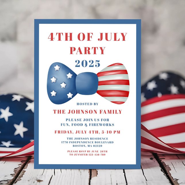 Convite Arco Vermelho, Branco E Azul, Canto 4 De Julho (Cute Red, White And Blue Bow 4th Of July Invitation)