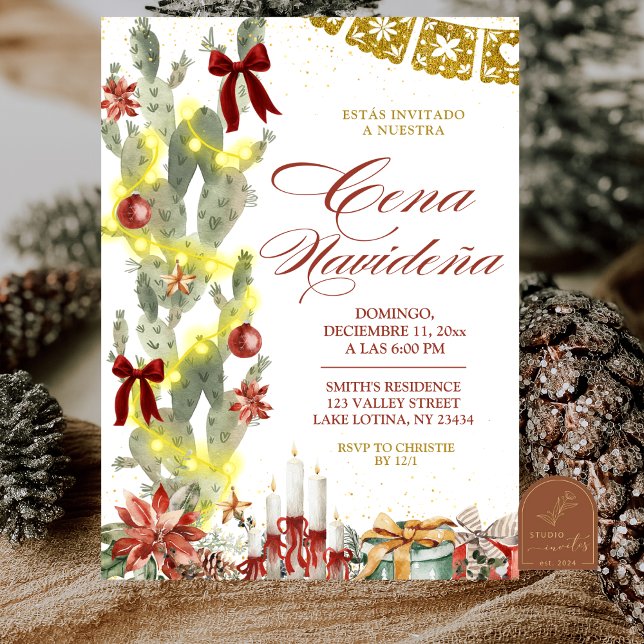 Convite Arco Vermelho Cactus Espanhol Natal Cena de Natal (Criador carregado)