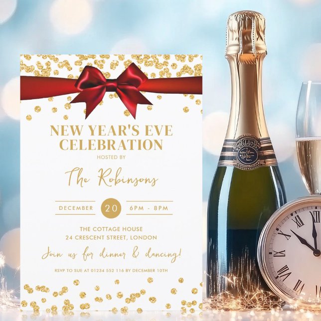 Convite Arco Vermelho Confetti, Glitter Dourado do Partido (New Years Eve Party Gold Glitter Confetti Red Bow Invitation)