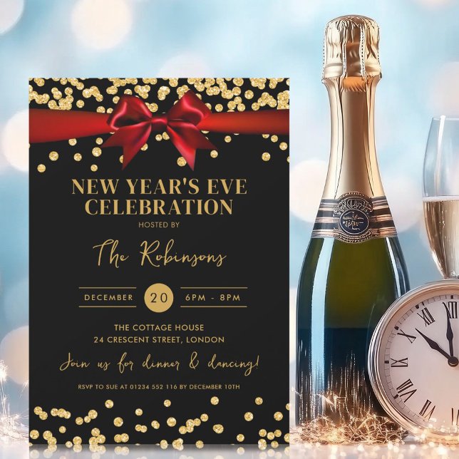 Convite Arco Vermelho Confetti, Luminosa Dourada, véspera  (New Years Eve Gold Glitter Confetti Red Bow Black Invitation)