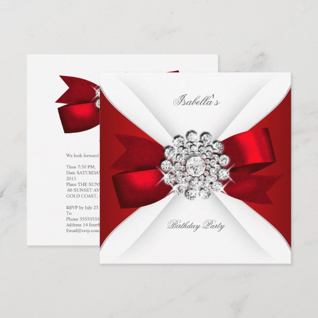 Convite Arco Vermelho festa de aniversário Branco Diamante (Frente/Verso)