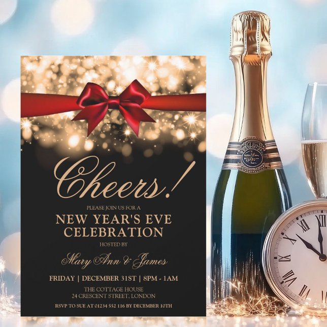 Convite Arco Vermelho Luzes Douradas do Sparkle do Partido (New Years Eve Party Gold Sparkle Lights Red Bow Invitation)