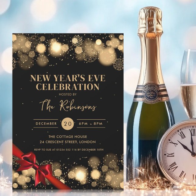 Convite Arco Vermelho Maravilha véspera de ano novo preto  (New Years Eve Gold Black Winter Wonder Red Bow Invitation)
