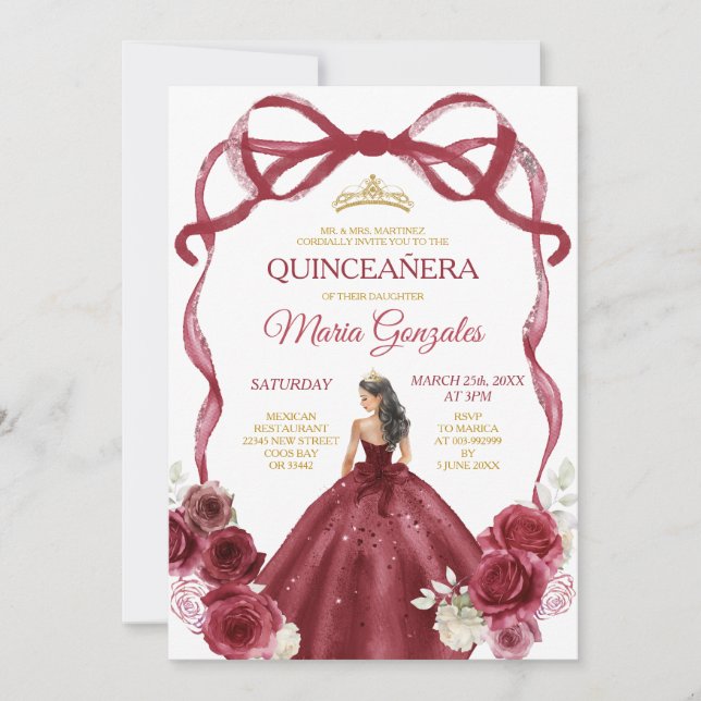 Convite Arco Vermelho Princesa Dourada Quinceañera (Frente)