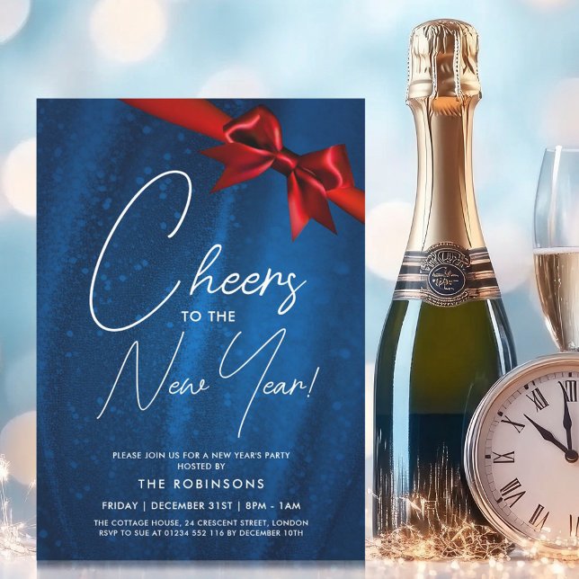 Convite ARCO Véspera de ano novo MODERN Marinho de sequênc (MODERN New Years Eve Navy Blue Sparkle Sequin Bow Invitation)