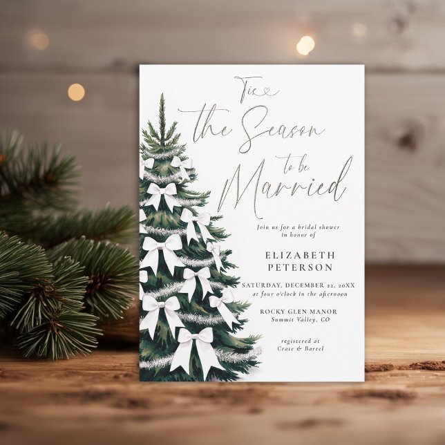Convite Arcos brancos da Árvore Inverno Chá de panela chic (winter bridal shower invitation christmas pine tree coquette white bows tinsel watercolor cozy chic)
