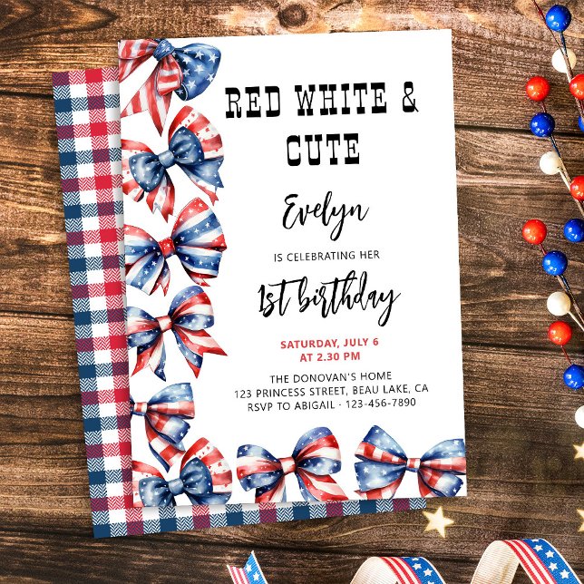 Convite Arcos brancos e brancos vermelhos qualquer Anivers (Fourth of July themed kids birthday invitation with red white and blue hair bows)