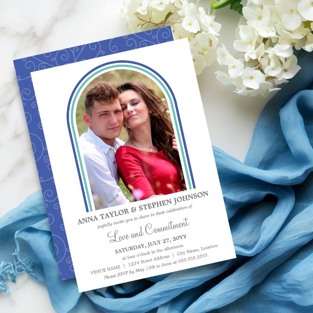 Convite Arcos & Cerimônia de Compromisso Fotográfico (Contemporary and simple photo arches commitment ceremony invitation front and back.)