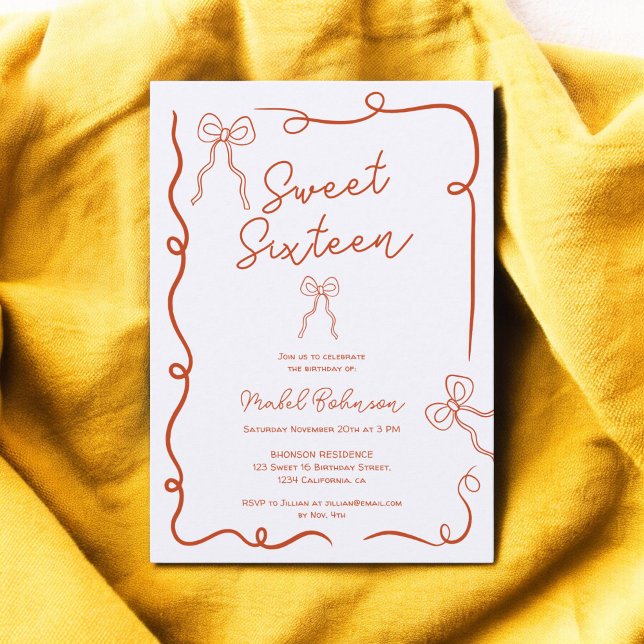Convite Arcos cor de laranja bonitos ilustrações Doce 16 (Burnt Orange cute bows ribbons illustrations Sweet 16 Invitation)