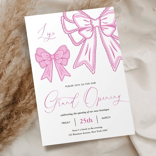 Convite Arcos cor-de-rosa Grandes Empresas Femininas (Elegant pink coquette bows business grand opening invitation in pastel pink colors)